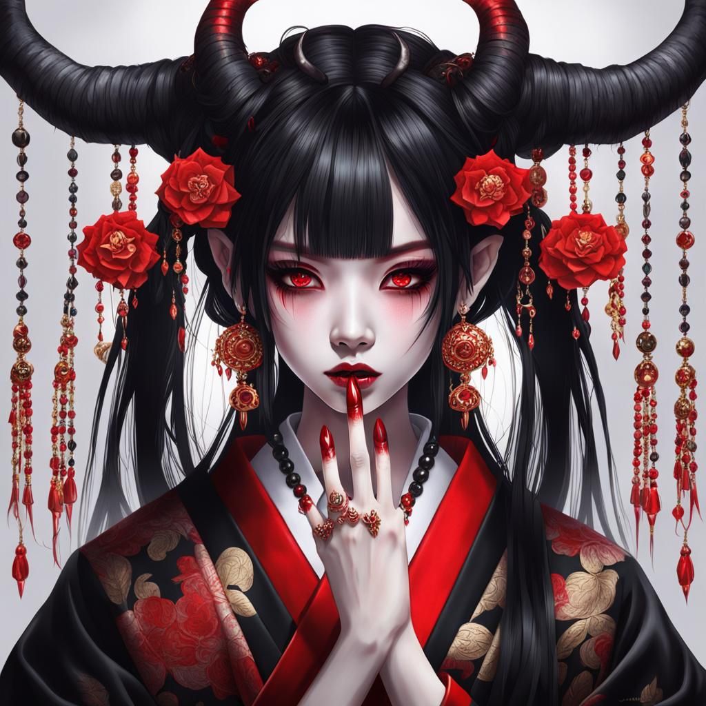 Demon Girl in Kimono with Glowing Eyes