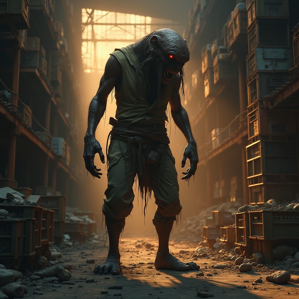 Grotesque Monster in Ransacked Warehouse at Dusk