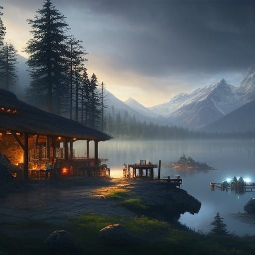Tavern by Misty Lake: Dark Fantasy Concept Art