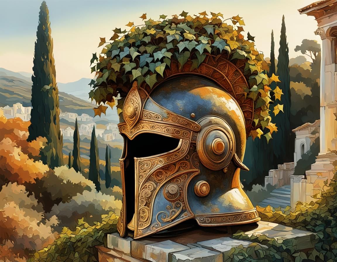 Intricate Trojan Helmet Among Ruins in Klimt Style