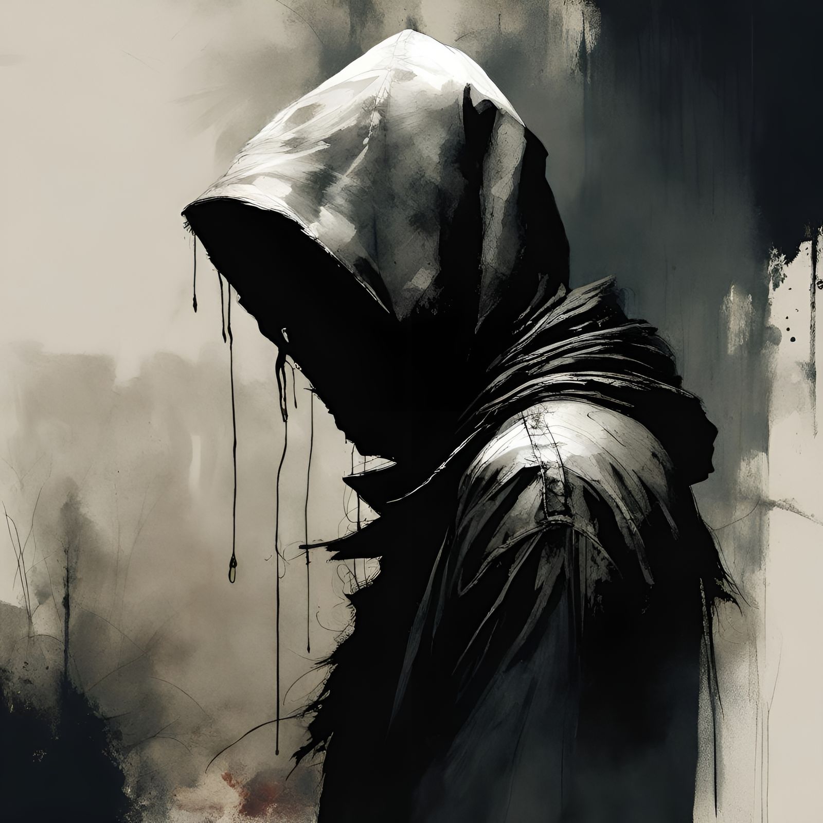 Mysterious Hooded Figure in Dark Tavern