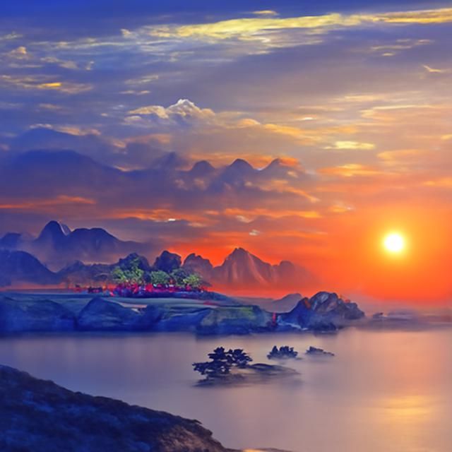 Estuary Vista with Red Blossoms in Spring Morning