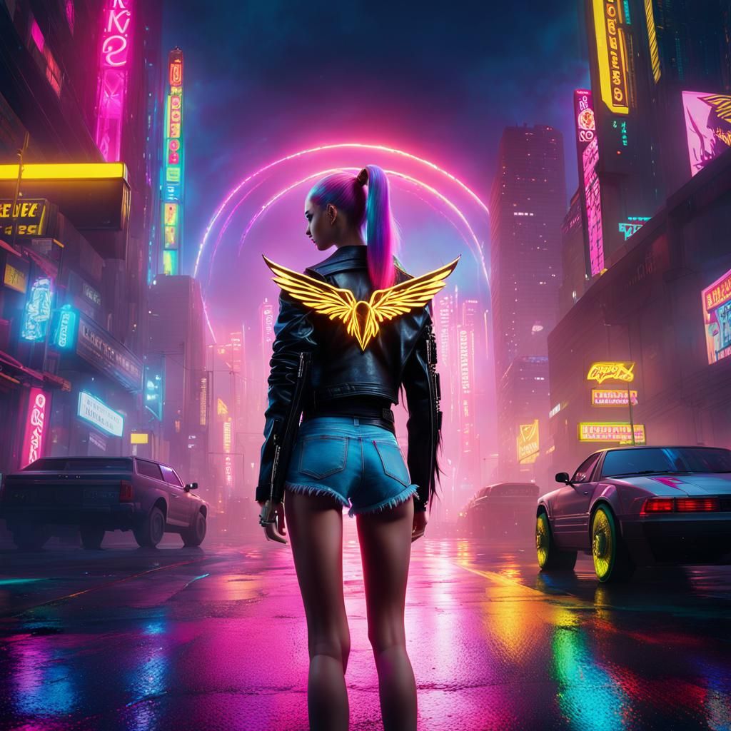 Cyberpunk Fairy Girl in Rainy Cityscape