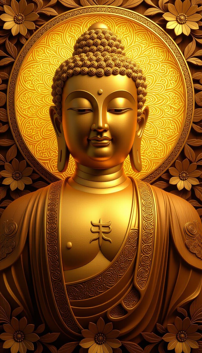 Serene Buddha Bust with Intricate Wood Carvings
