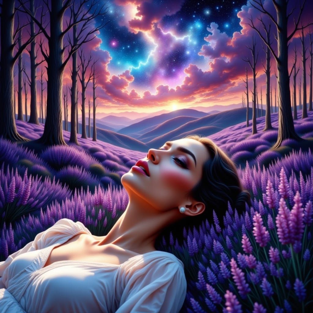 Woman in Lavender Field: Holographic Cosmic Illustration