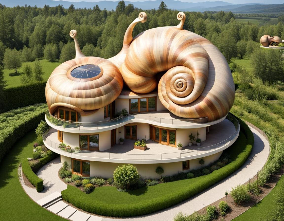 Snail-Shaped House with Balconies and Orchards