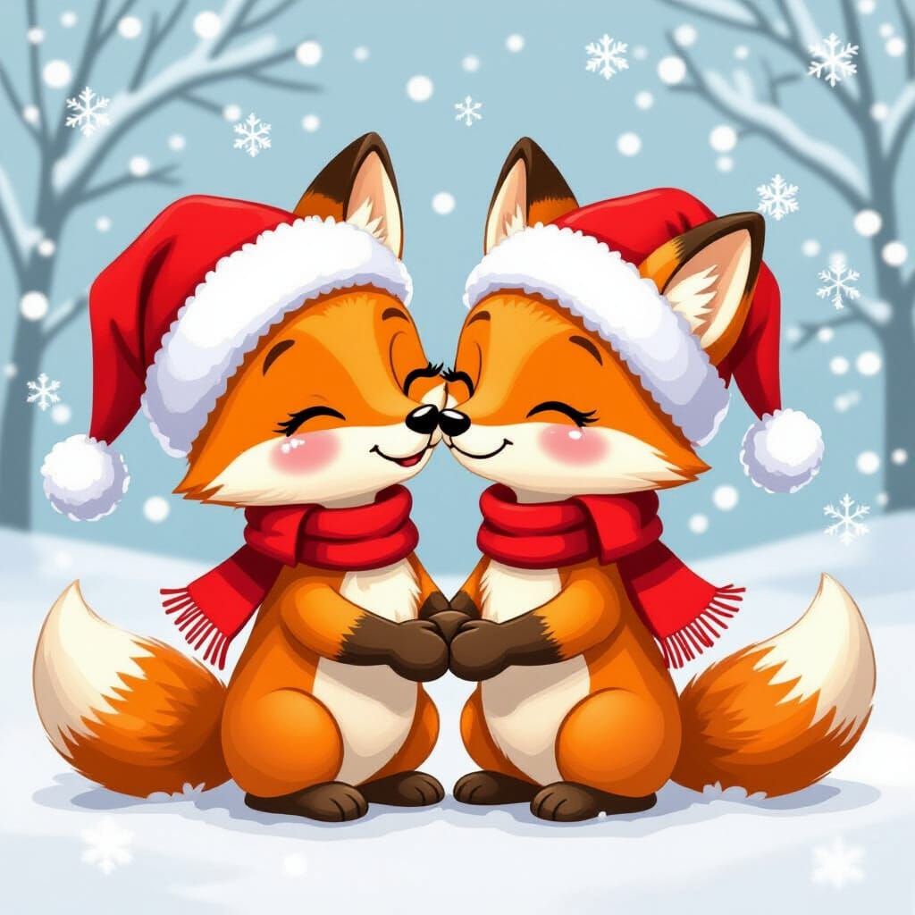 Cute Cartoon Foxes Kissing in Snow Wearing Santa Hats