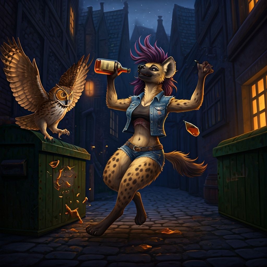 Anthropomorphic Hyena Leaping in Midnight Alleyway