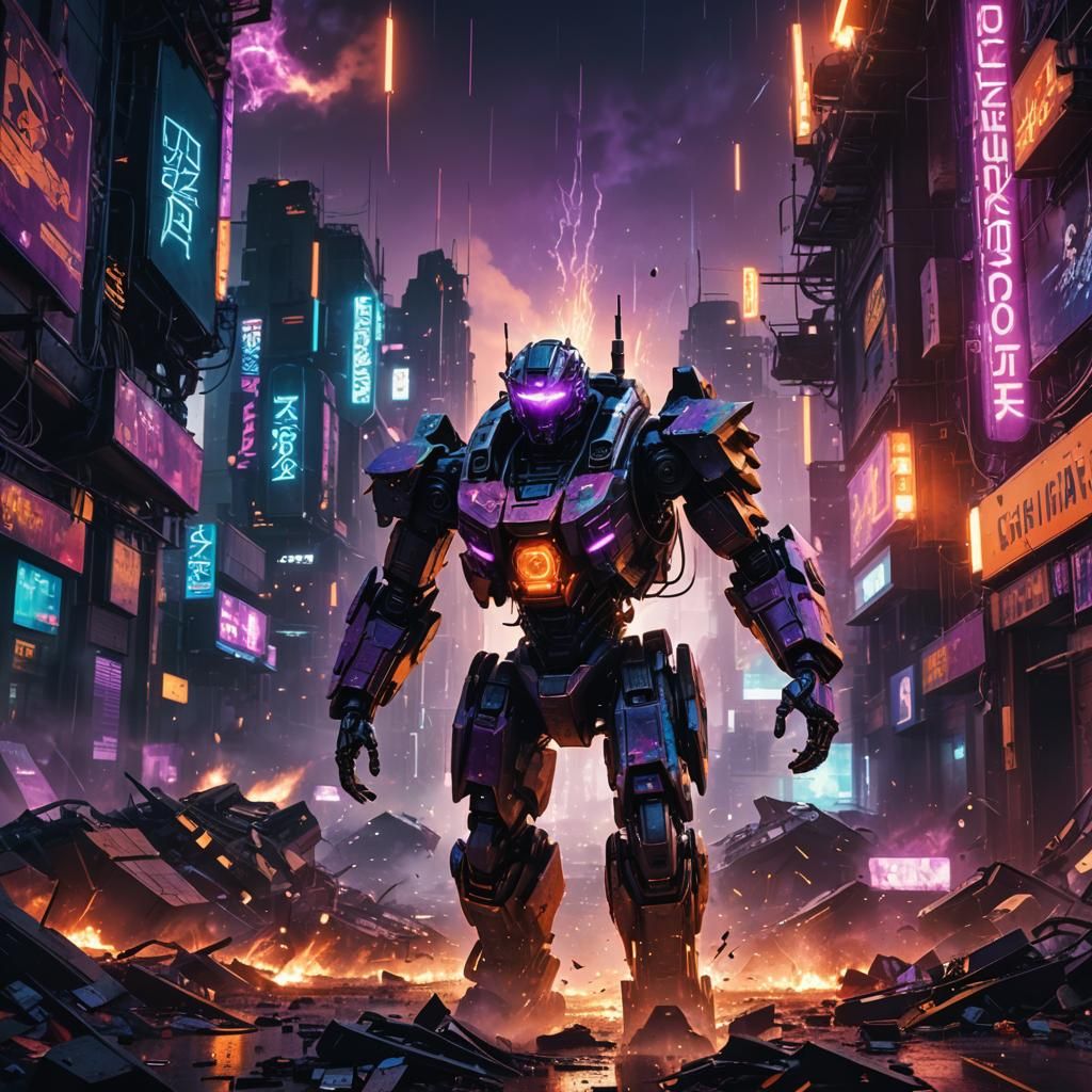 Cyberpunk Robot Amidst City Destruction