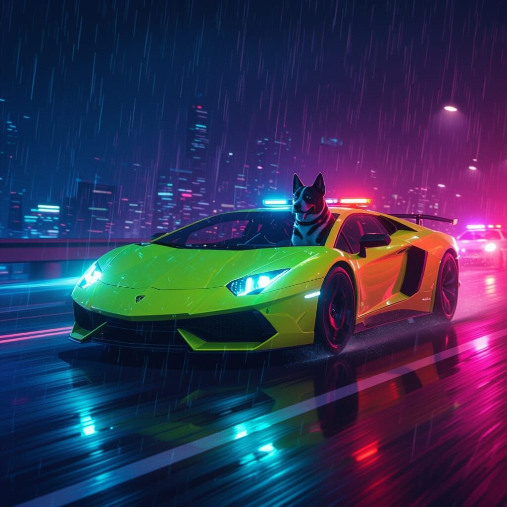 Neon Lamborghini Dog Escape in Cyberpunk Style