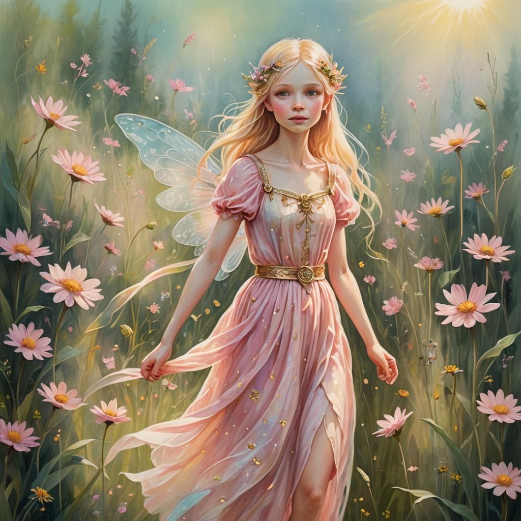 Pink and Gold Fairy in Lush Meadow