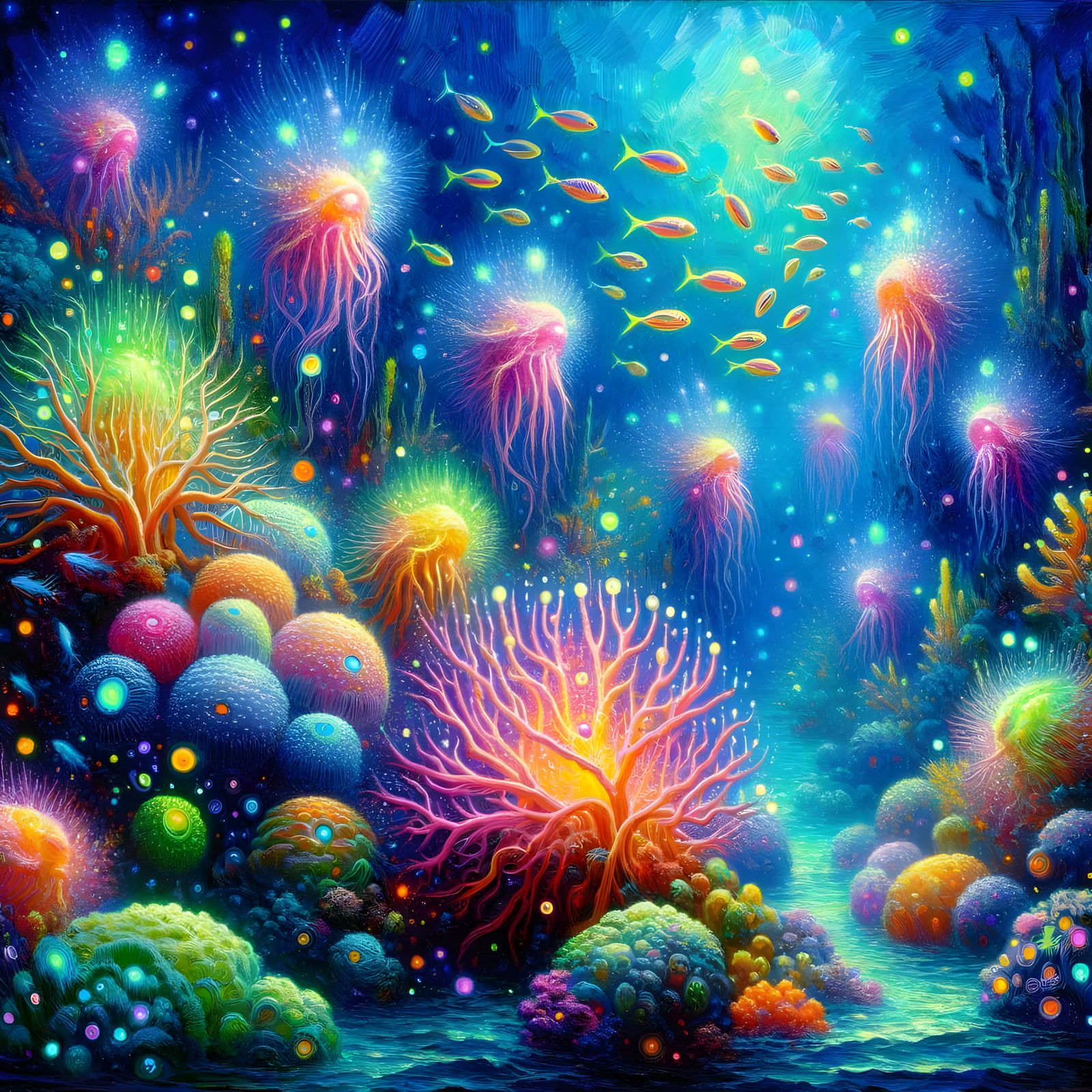 Bioluminescent Alien Coral Reef in Neo-Impressionist Style
