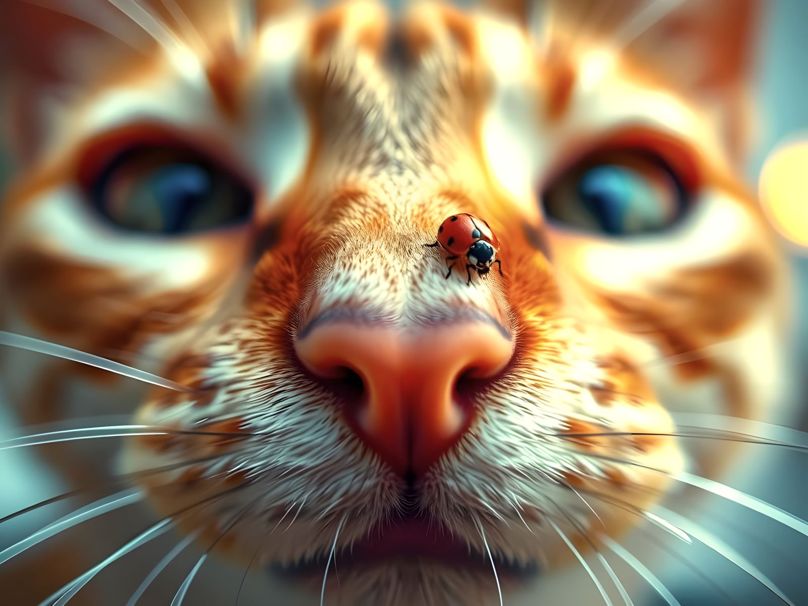 Red Cat's Nose Close-Up with Ladybug
