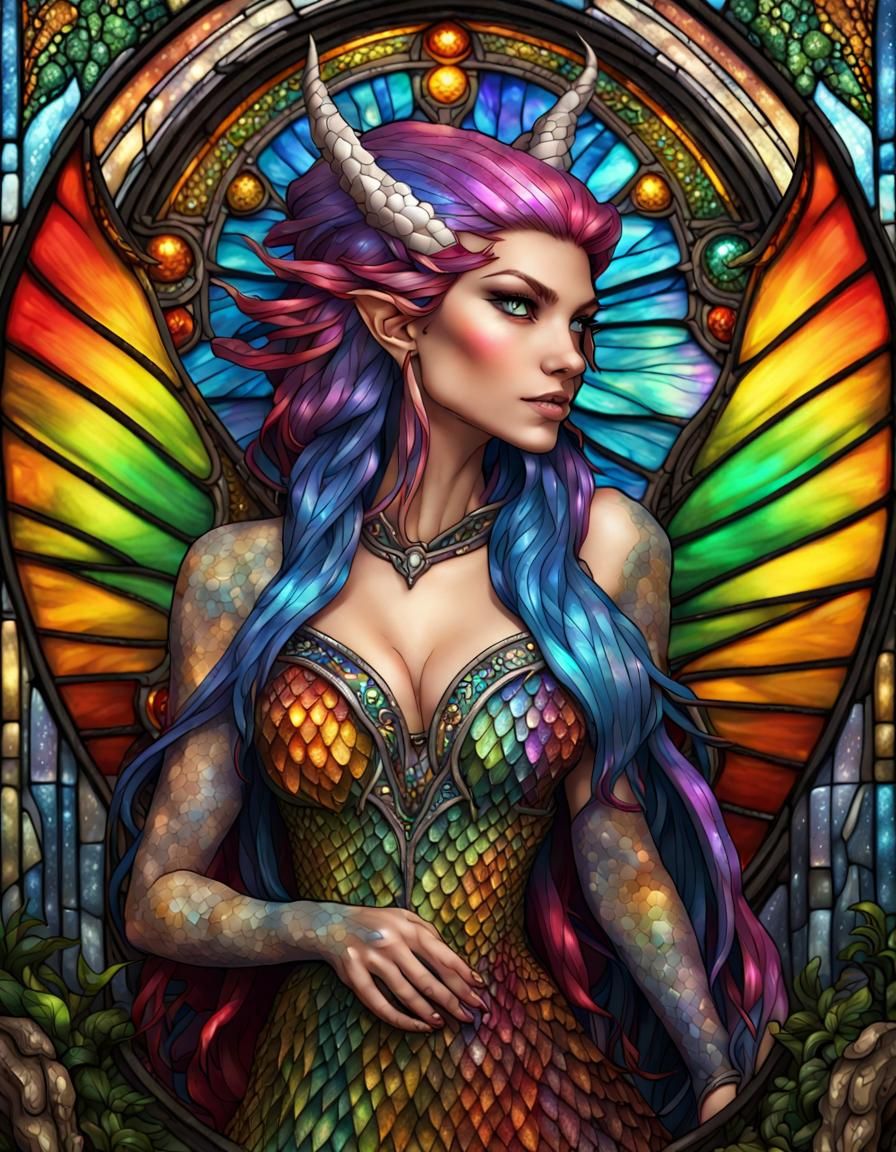 Stained Glass Dragon Sorceress: Hyperrealistic Masterpiece
