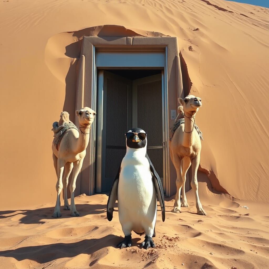Penguin Elevator Attendant in Desert Scene