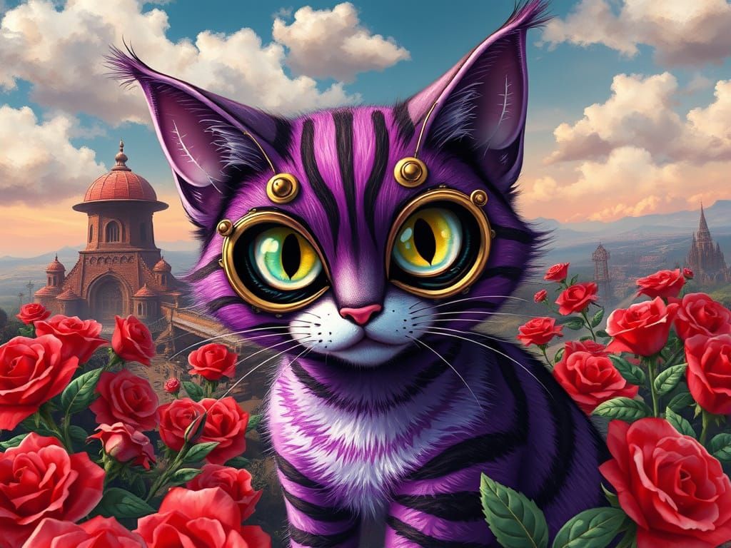 Steampunk Cheshire Cat in Vibrant Red Rose Garden