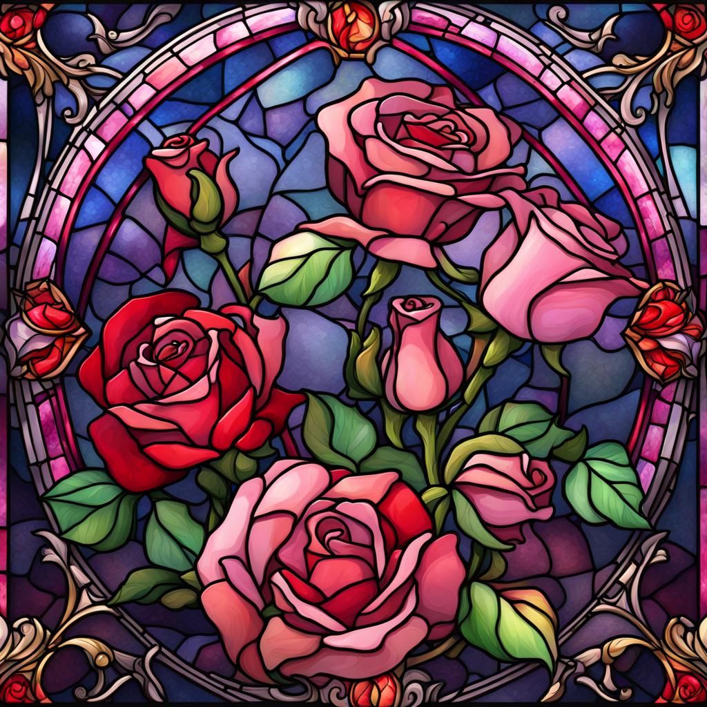 Enchanted Roses Fairytale in Stained Glass Style