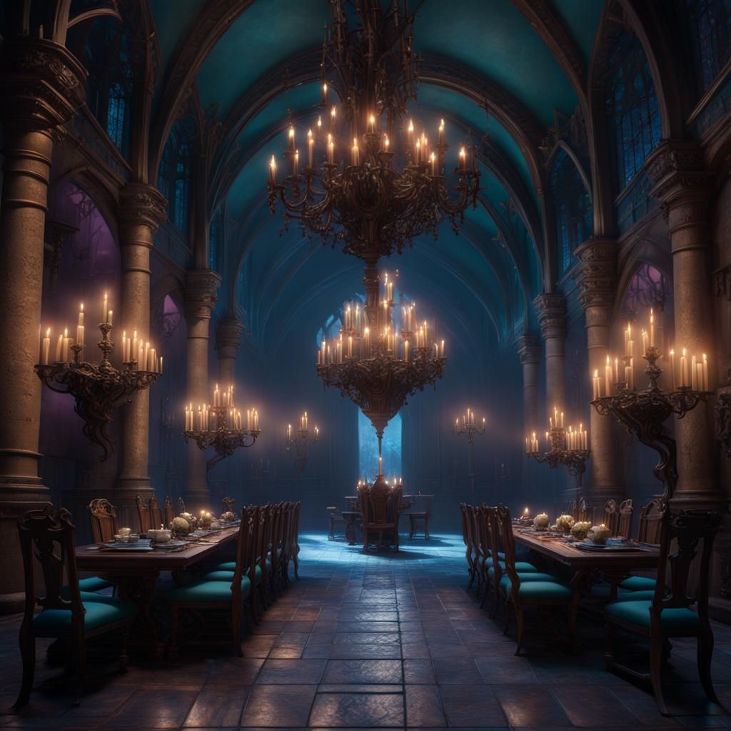 Dark Fantasy Castle Dining Room Lit by Candles