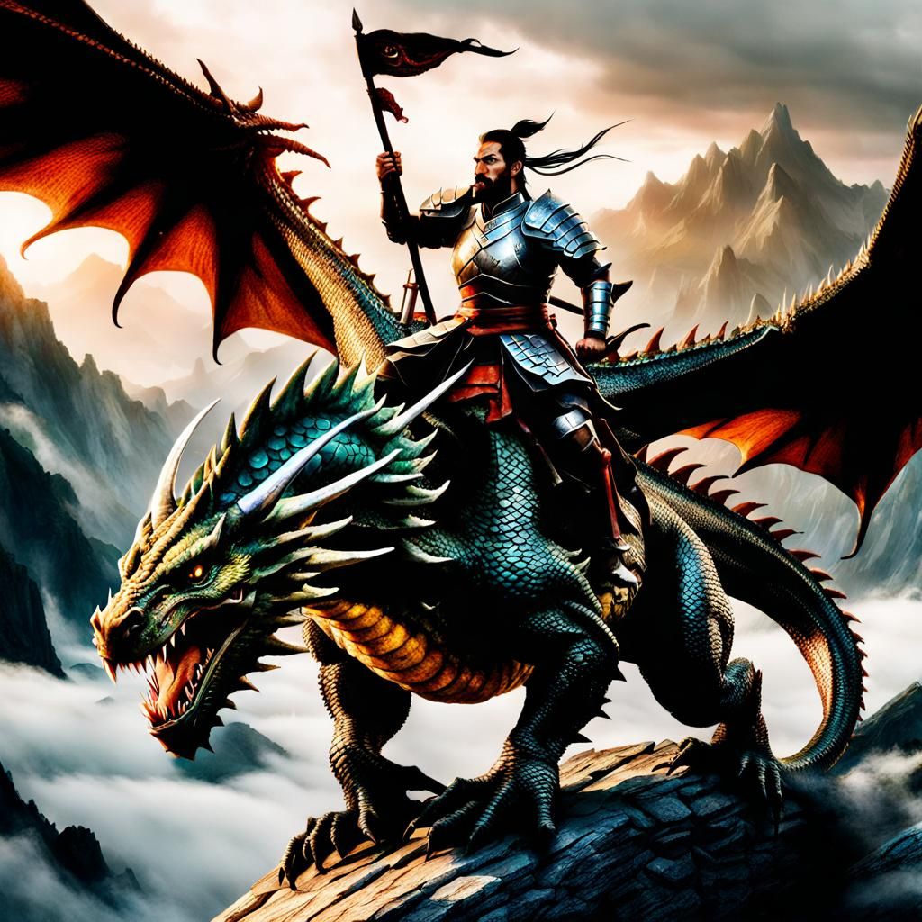 Warrior Astride Dragon in Fantasy Landscape