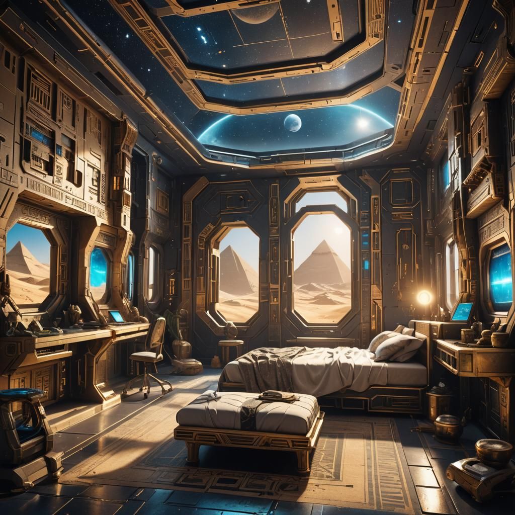Cyberpunk Egyptian Bedroom on Spaceship with Androids