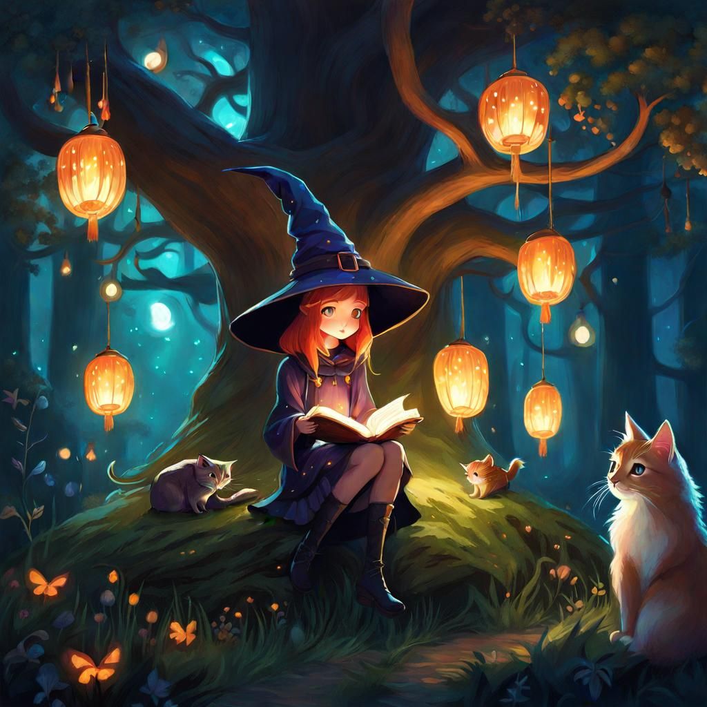 Cute Witch Girl and Cat by Magical Tree