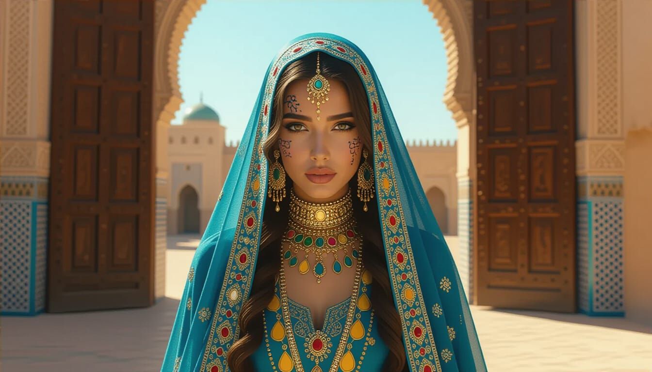 Beautiful Moroccan Woman in Blue Veil with Tifinagh Tattoos