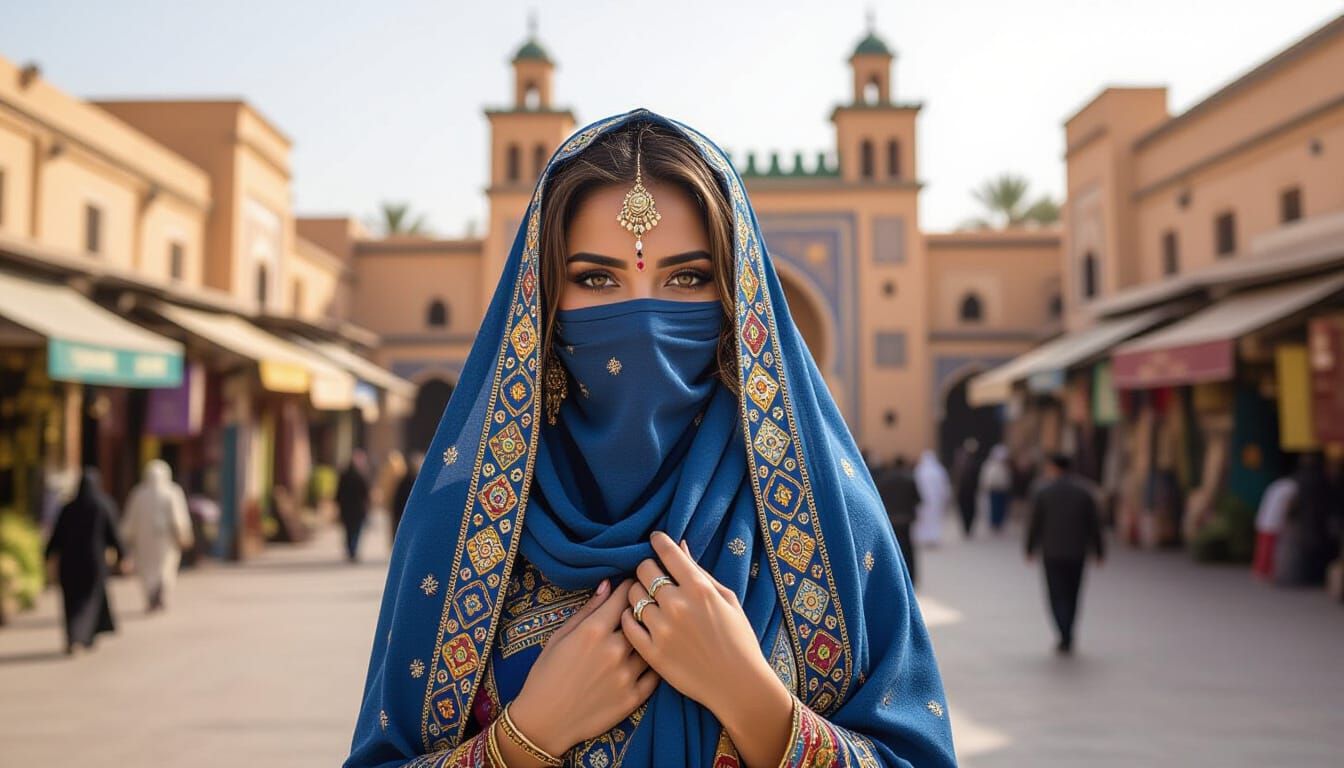 Moroccan Woman with Tifinagh Tattoo in Luxurious Draping