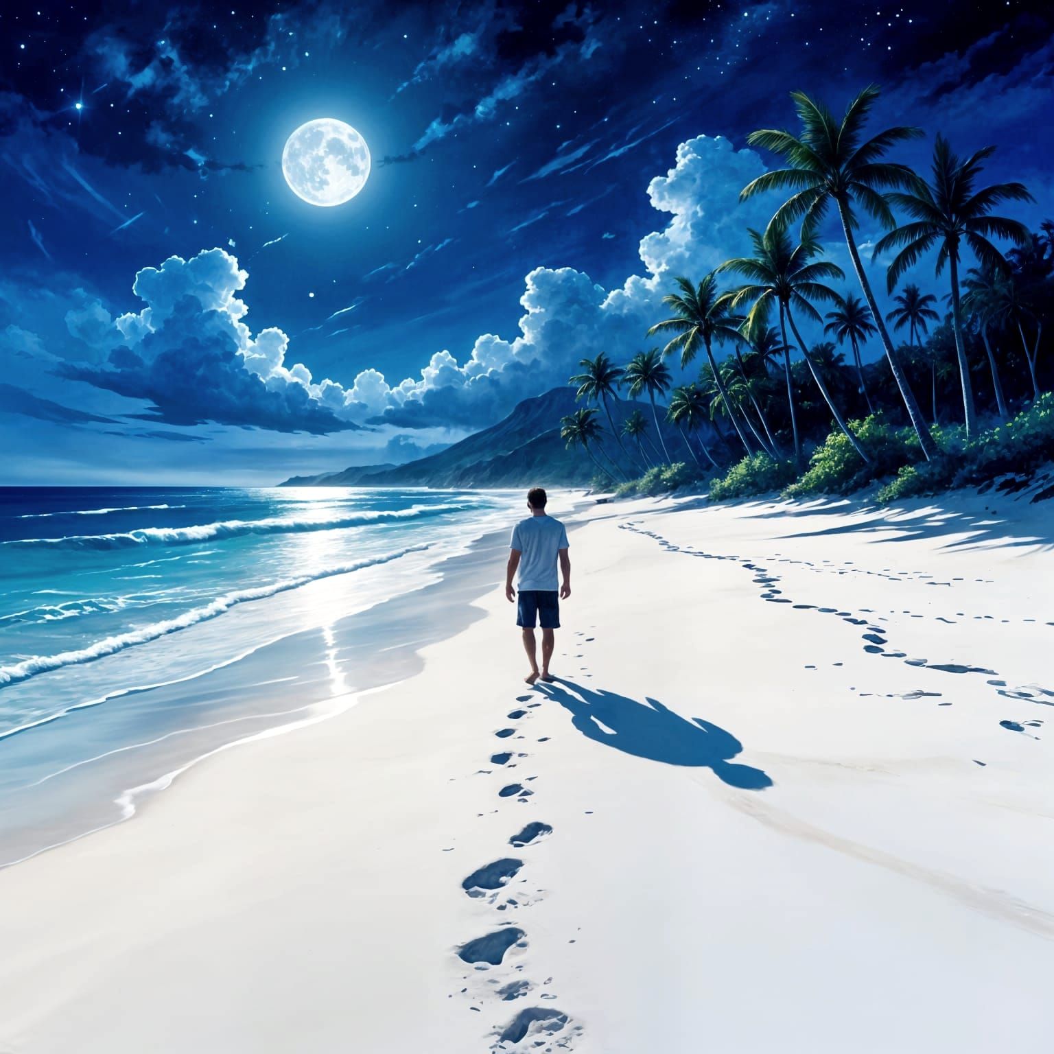 Night Wanderer on Hawaiian Beach, Impressionistic Watercolor