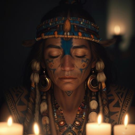 Hyperrealistic Shaman Portrait in Warm Candlelight