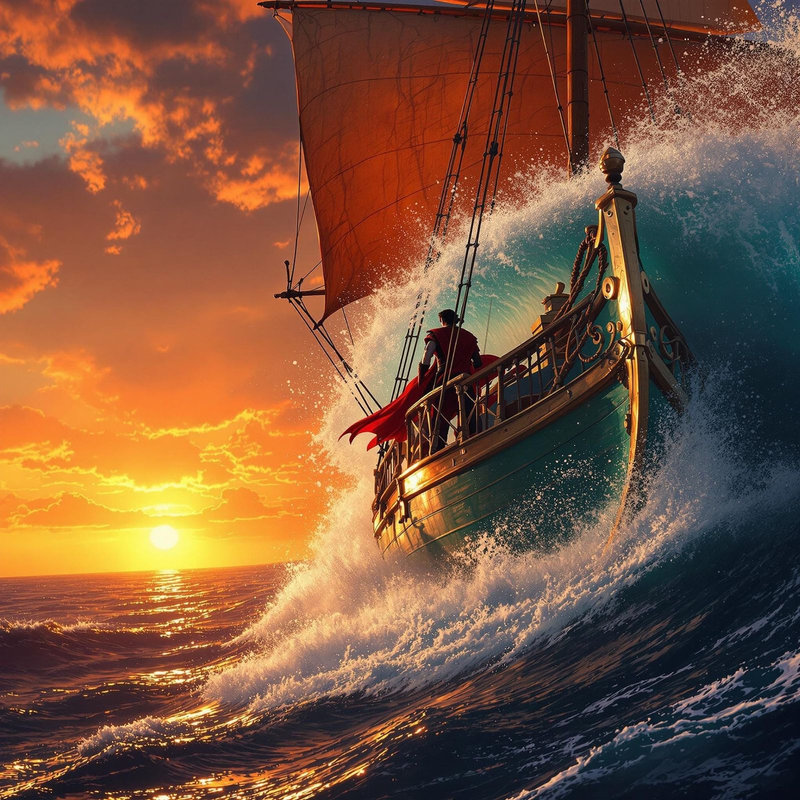 Photorealistic picture of Sinbad on is ship at sea. Crimson sunset bleeds across the turquoise sea as Sinbad's ship, the...