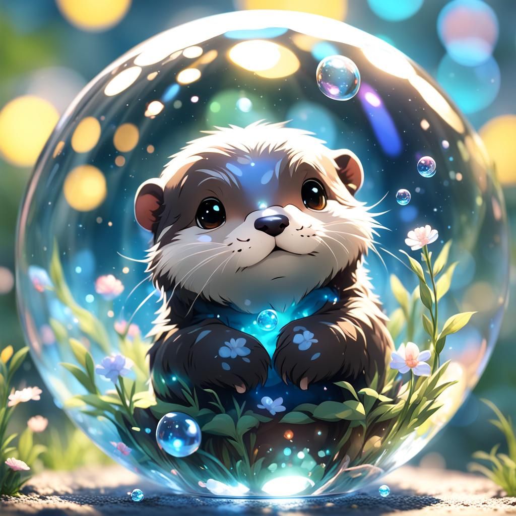 Adorable Chibi Otter in Bubble: 3D Anime Art
