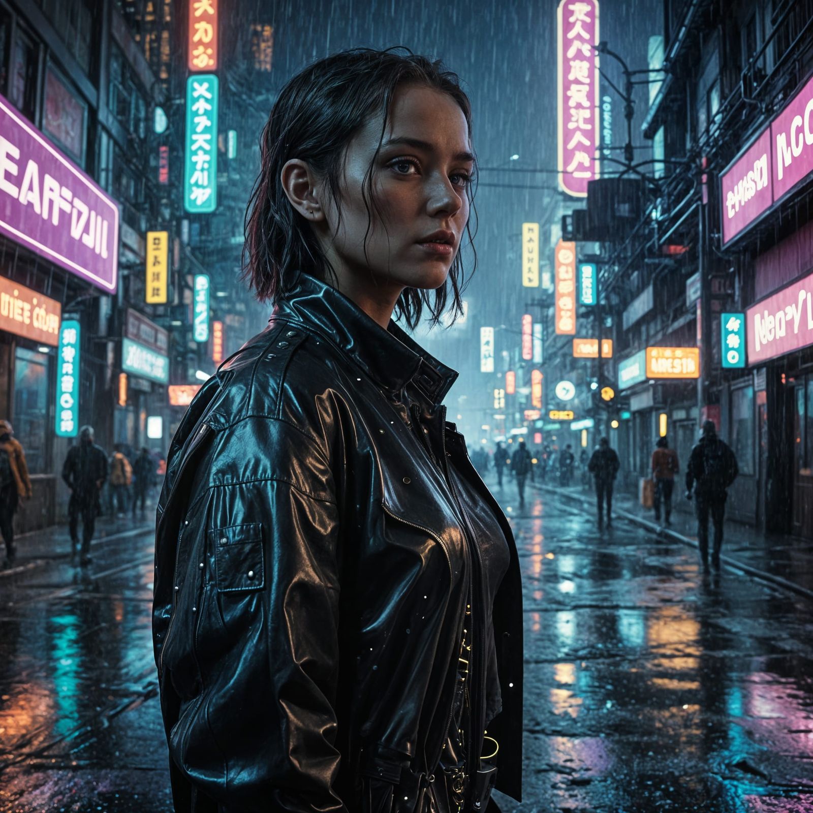 Cyberpunk Female Protagonist in Rainy City Streets