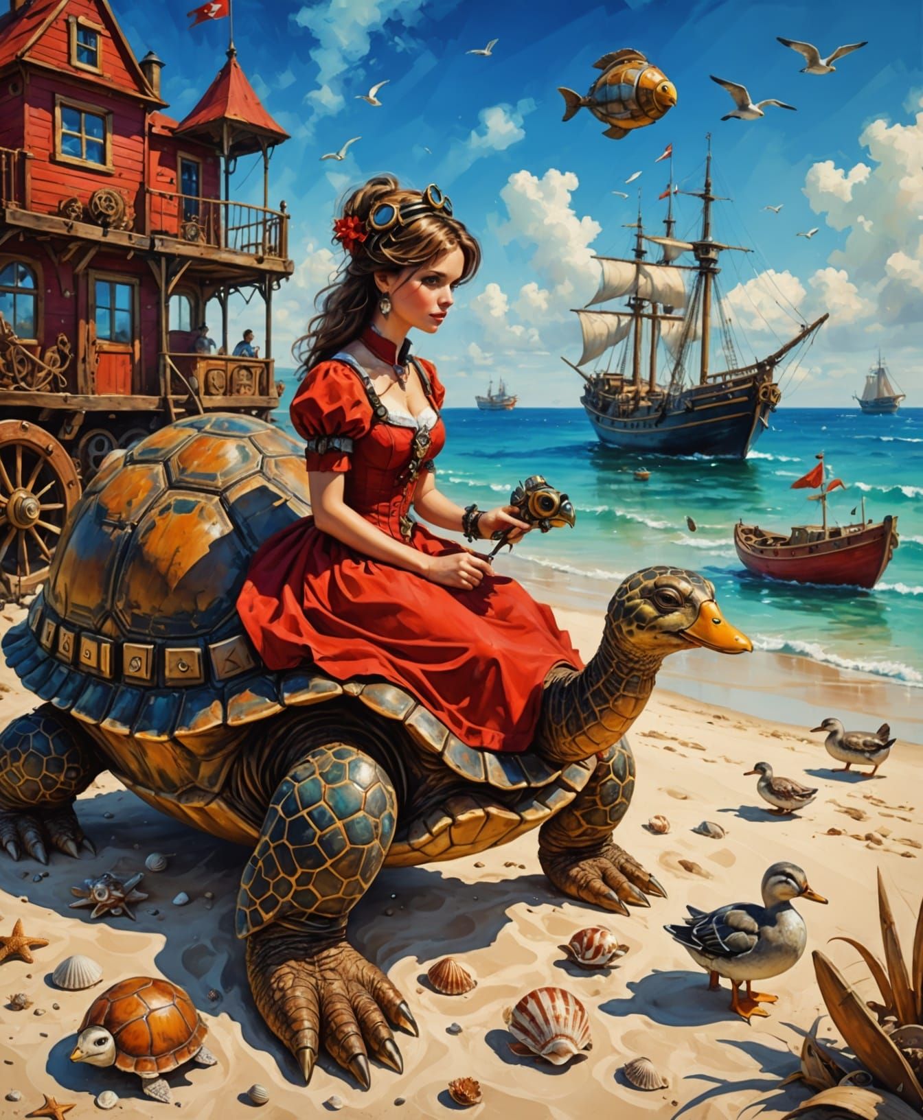 Steampunk Tortoise on Beach in Red Dress