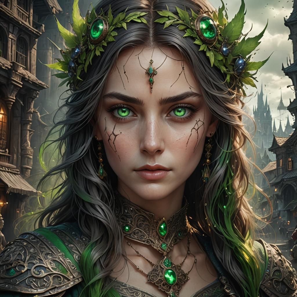Fantasy Goddess with Green Eyes: Detailed Charcoal Art