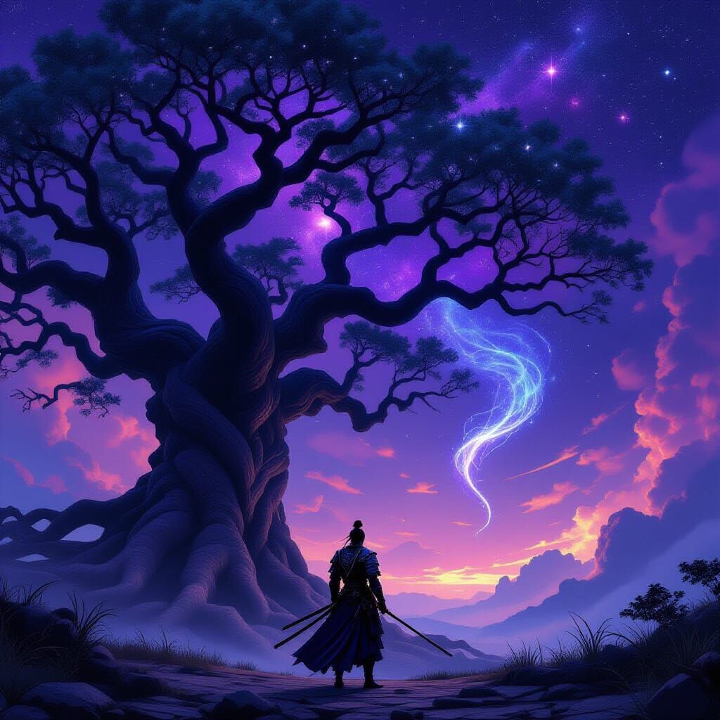 Samurai Under Ancient Tree with Cosmic Creature