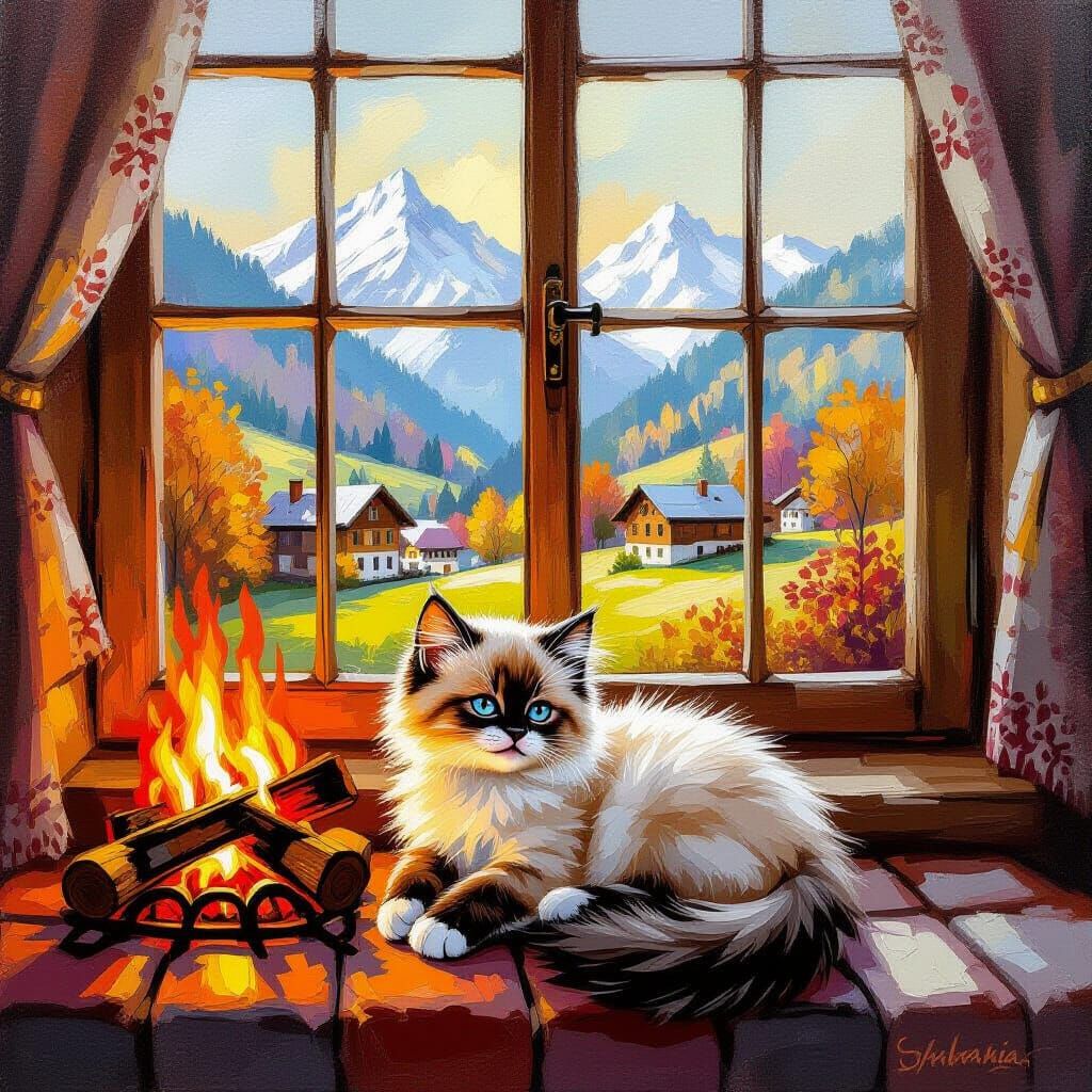 Cute Siamese Kitten by Fireplace in Autumn Cottage