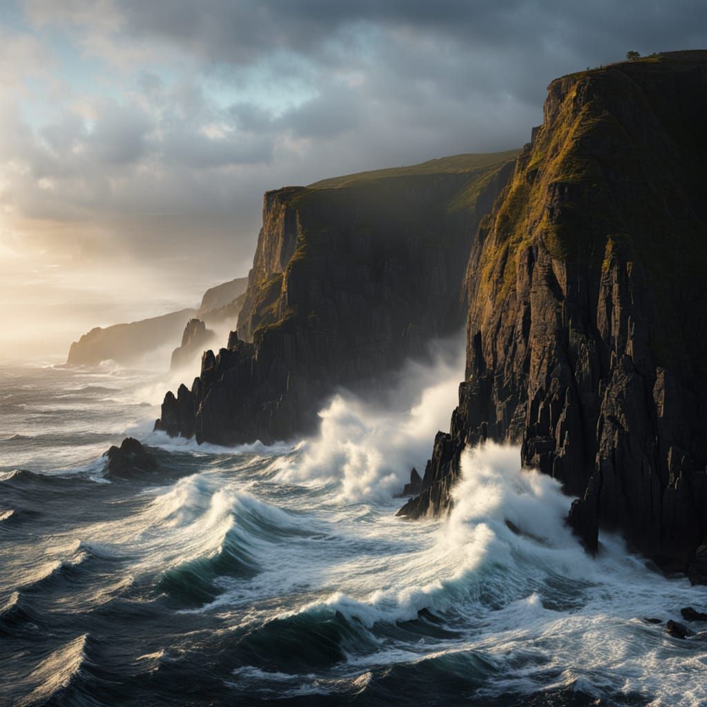 Cinematic Ocean Mist Over Black Cliffs at Golden Hour