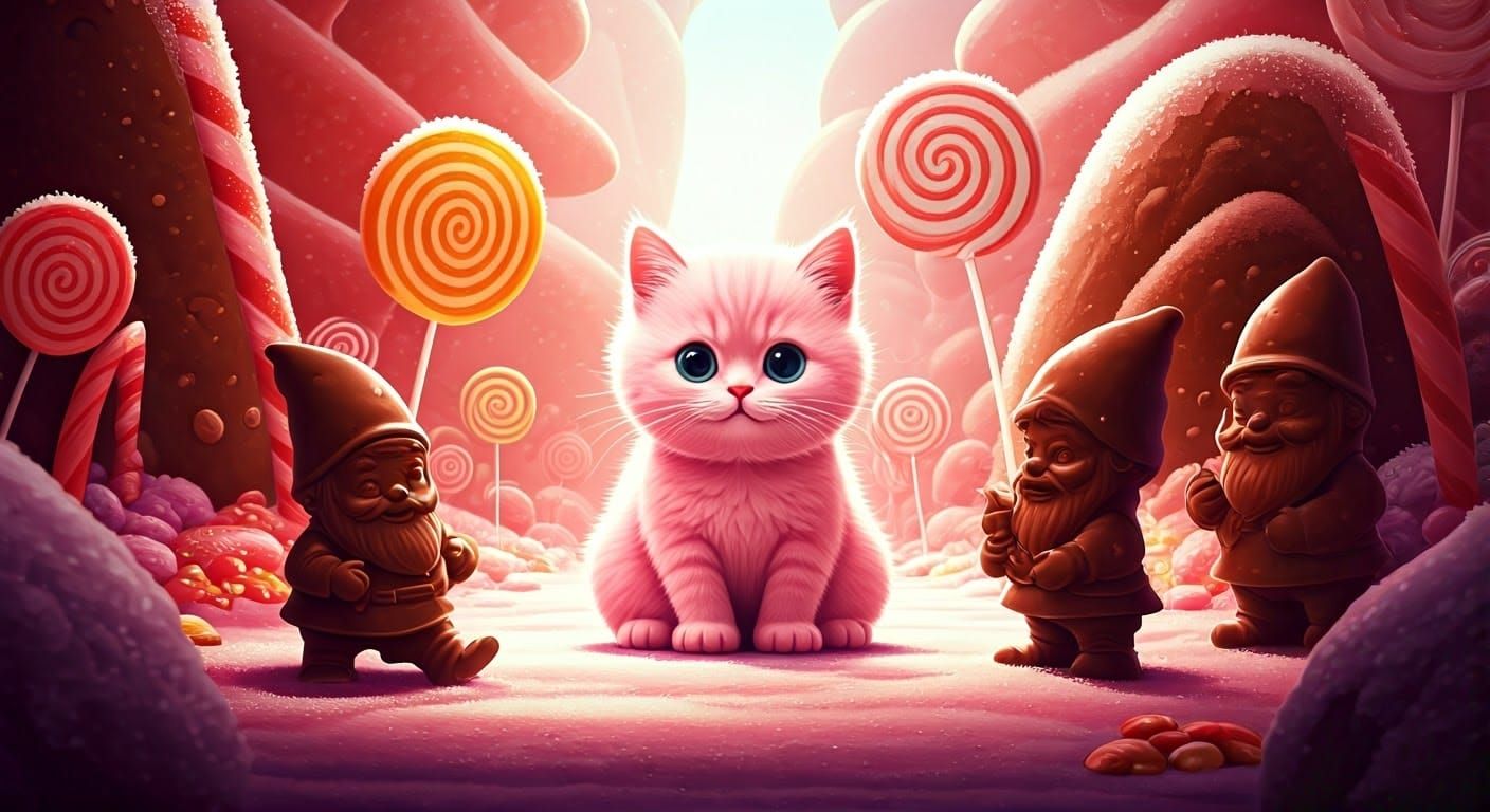 Kitten and Chocolate Gnomes in Candyland, Digital Art