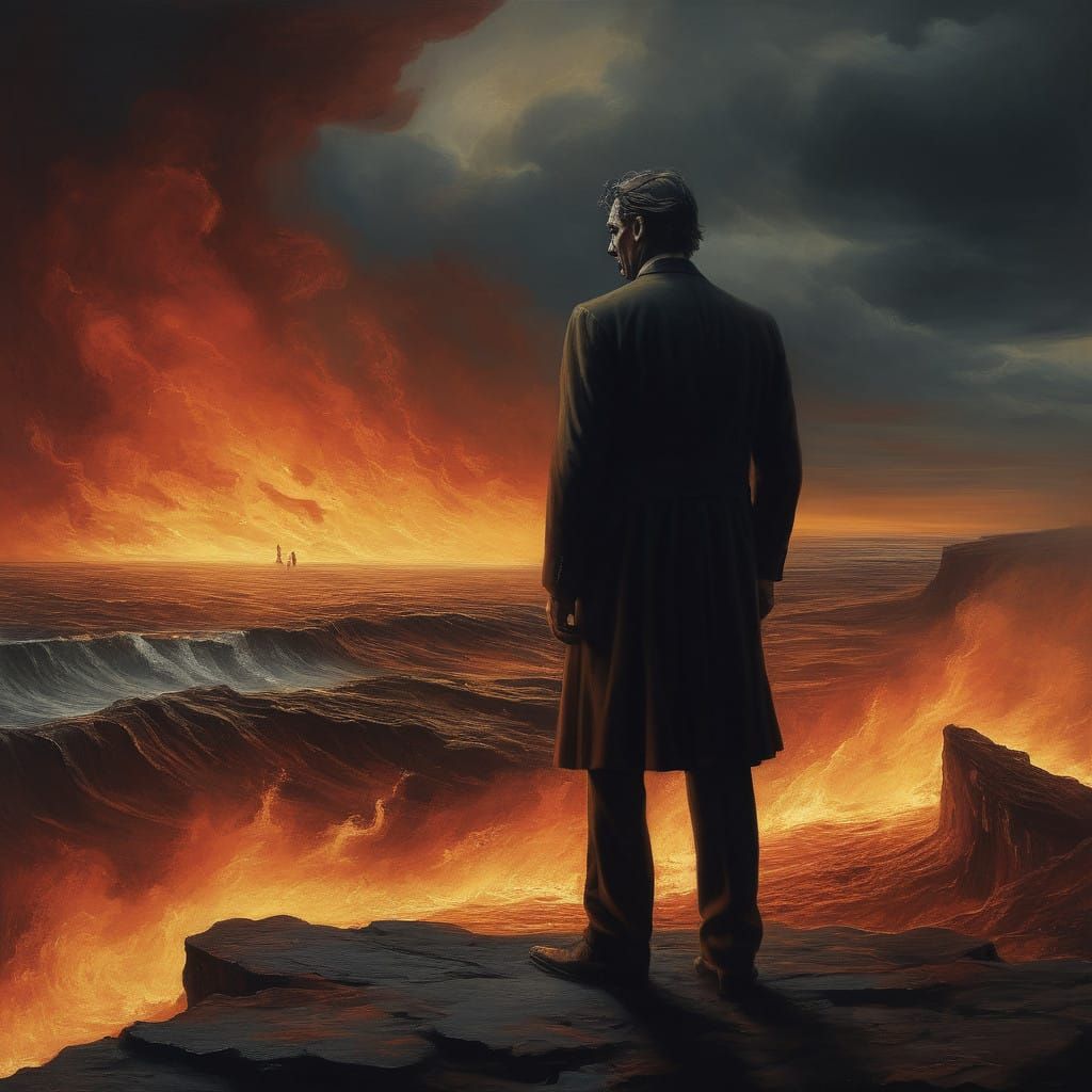 Man Stands Resolute Against Turbulent Hellish Flames