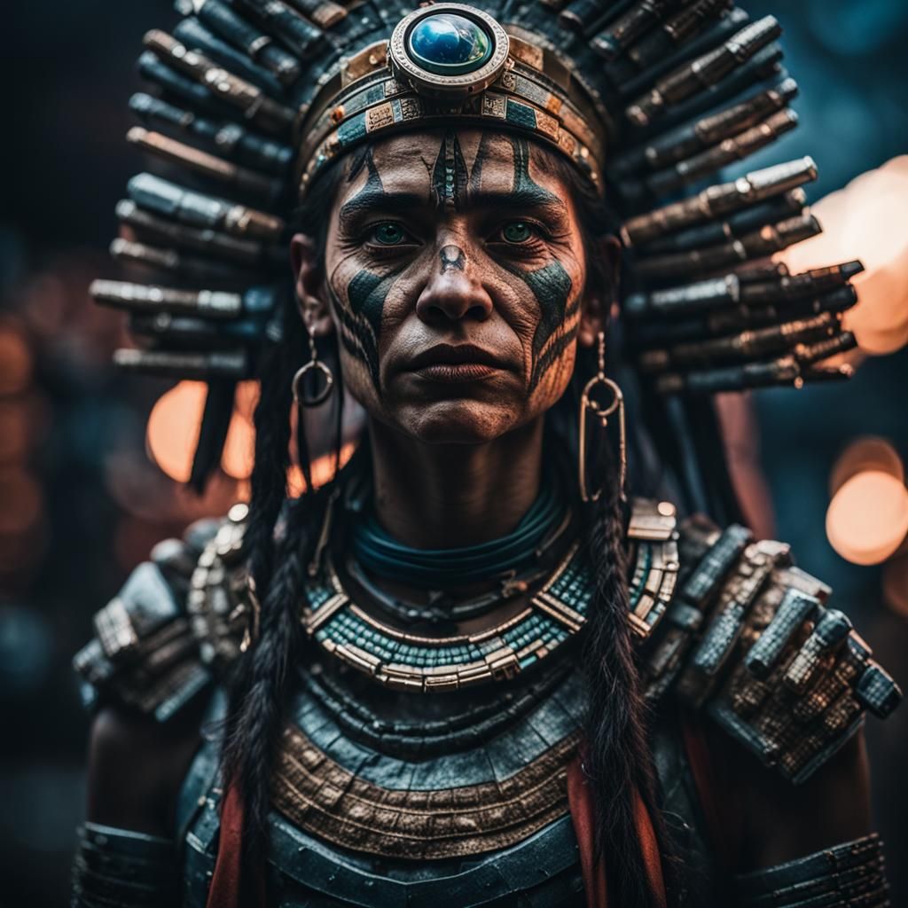 Cyberpunk Aztec Warrior Between Earths