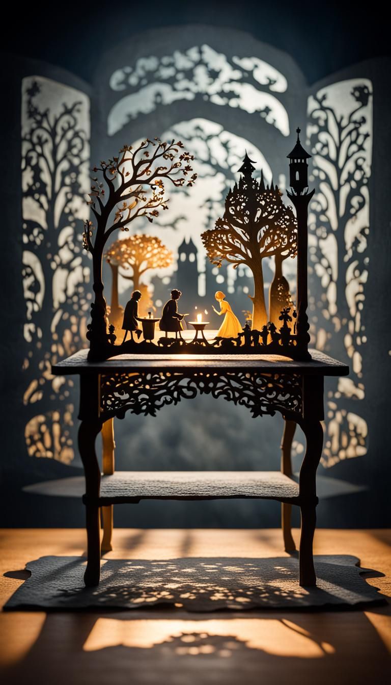 Shadow theatre on a table with a fairytale complex scene Hyperdetailed cinematic shot warm light dramatic light Intricat...