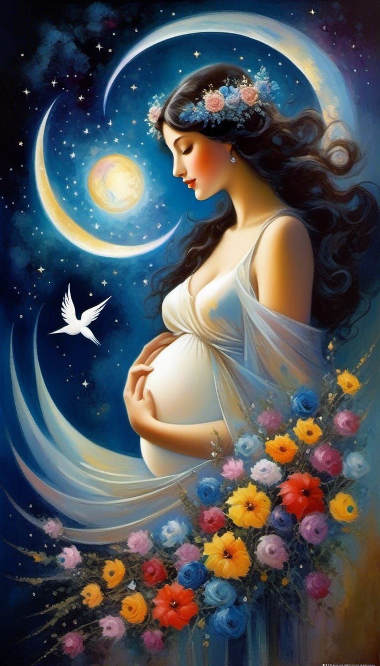 Pregnant Woman in Starry Sky: Surreal Watercolor Art