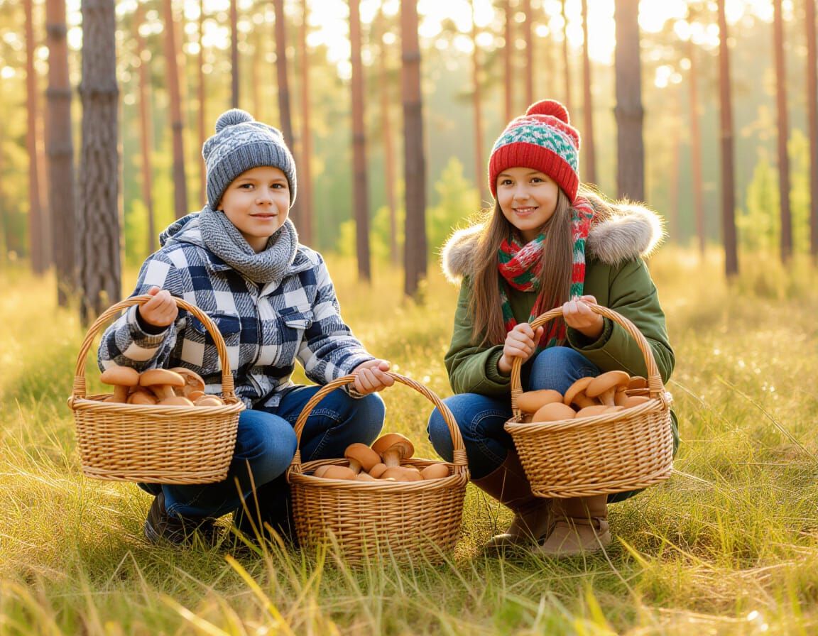 Children Gathering Mushrooms in Forest with Baskets