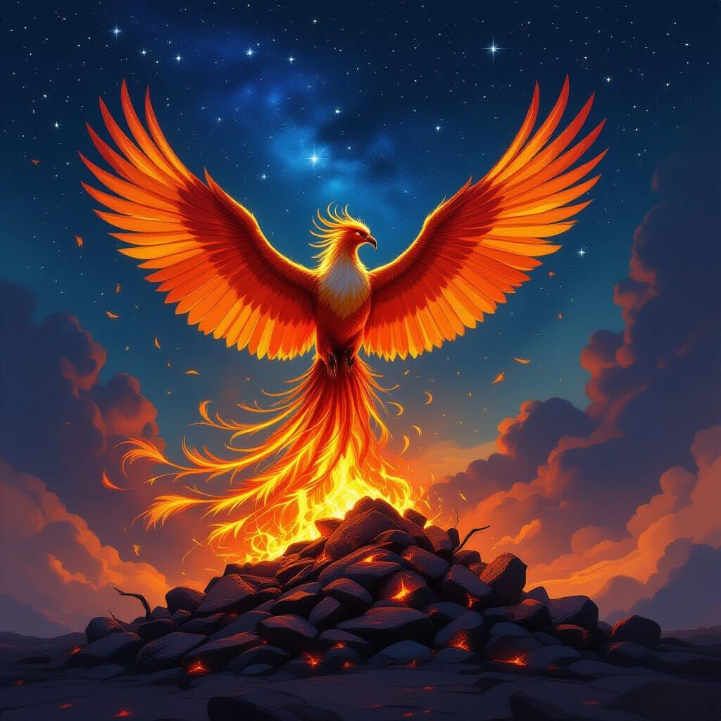 Majestic Phoenix Erupts from Glowing Embers in Fantasy Style