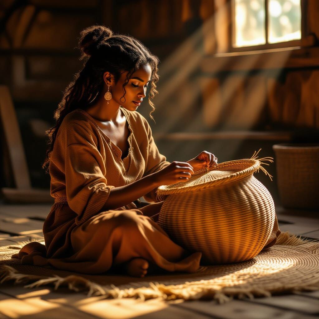 Weaving Sweetgrass Basket: Matte Painting Style