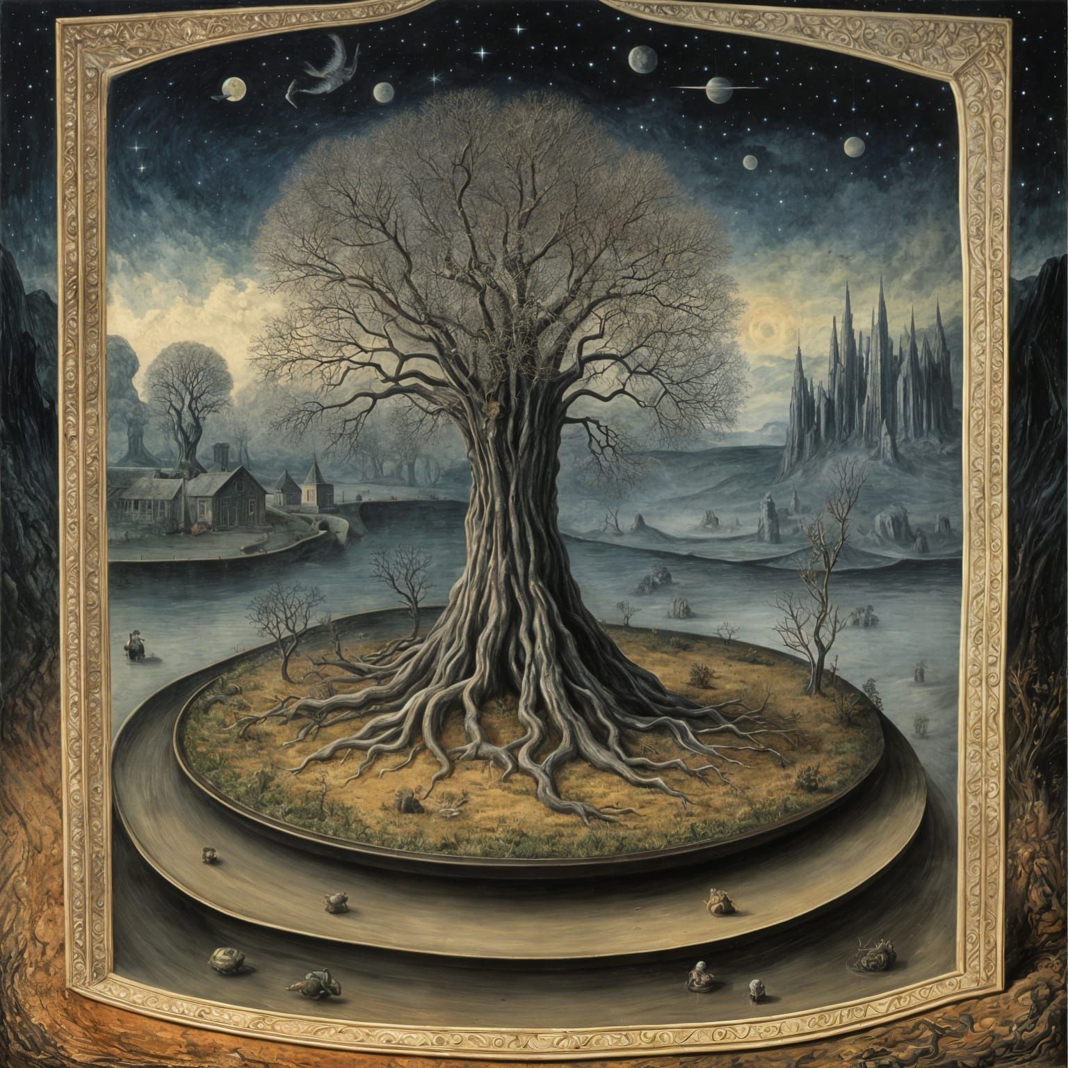 Cosmic Bonsai on Floating Island in Nebula Sea