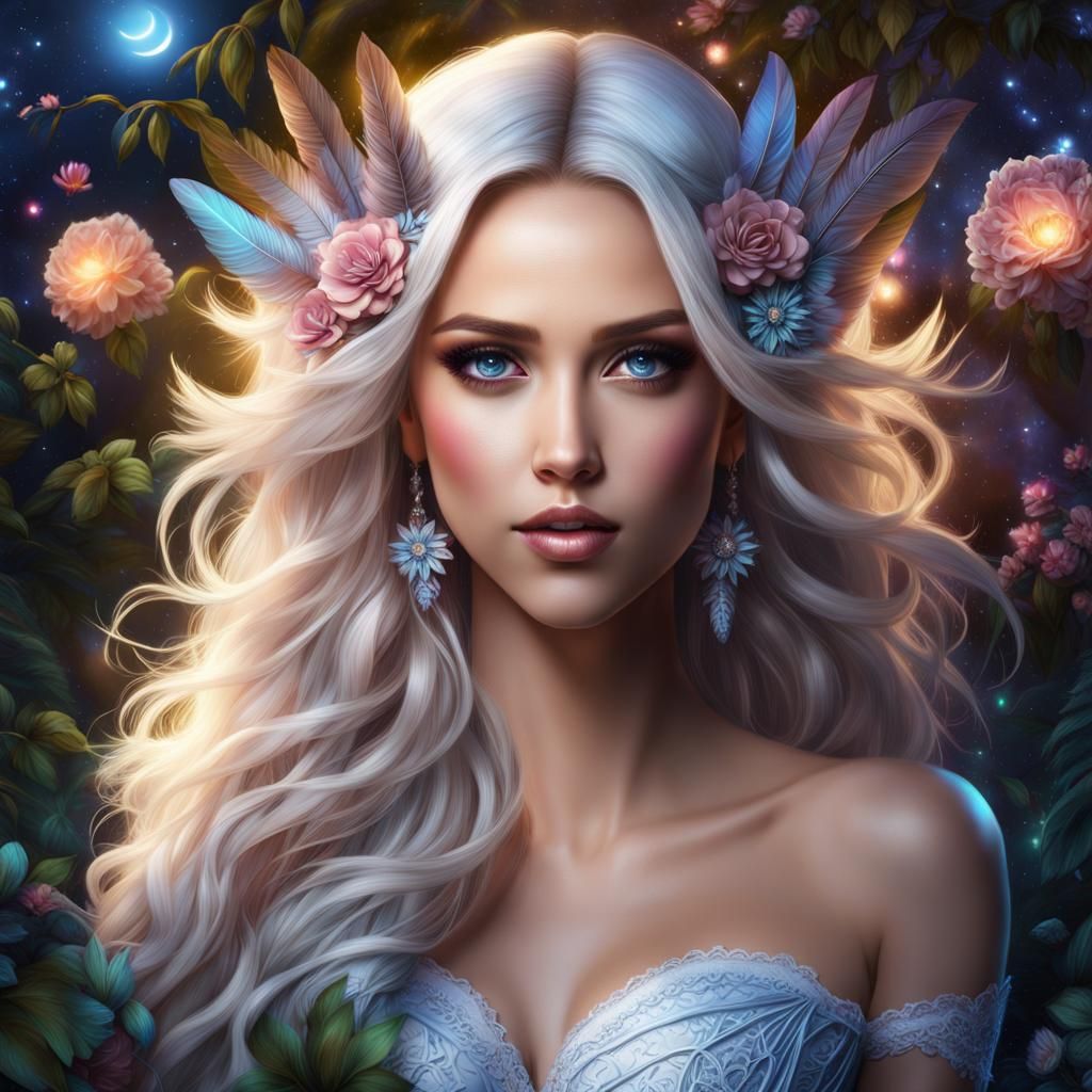 Enchanted Forest Portrait with Long White Hair