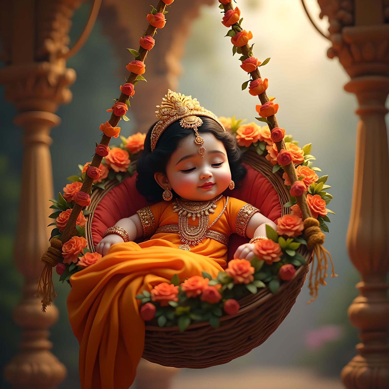 Divine Infant Radha in a Golden Jhula