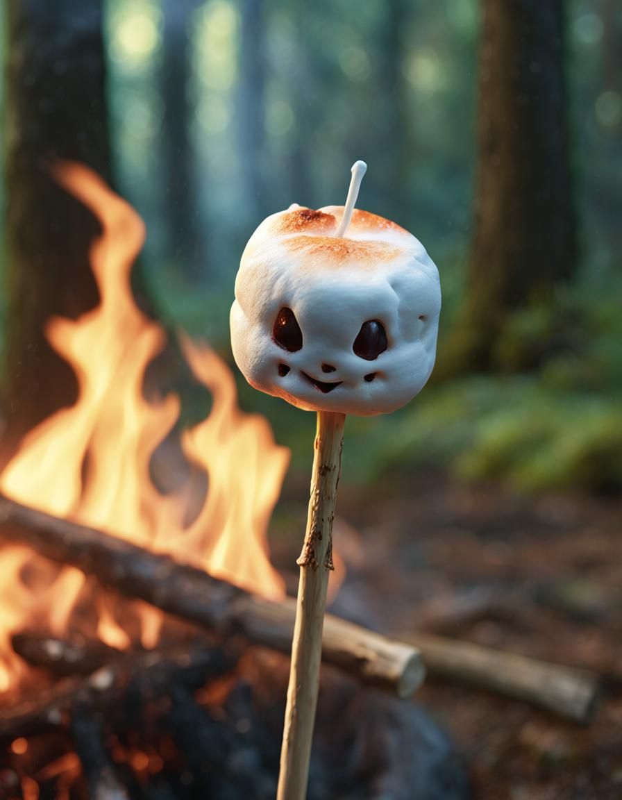 Roasting Marshmallows Macro Shot in Anime Style