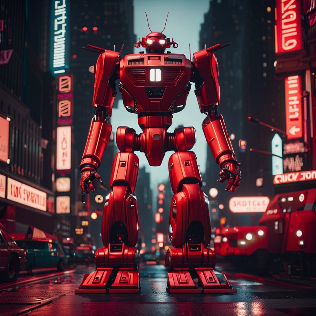 Giant Red Robot in 1970s New York Street